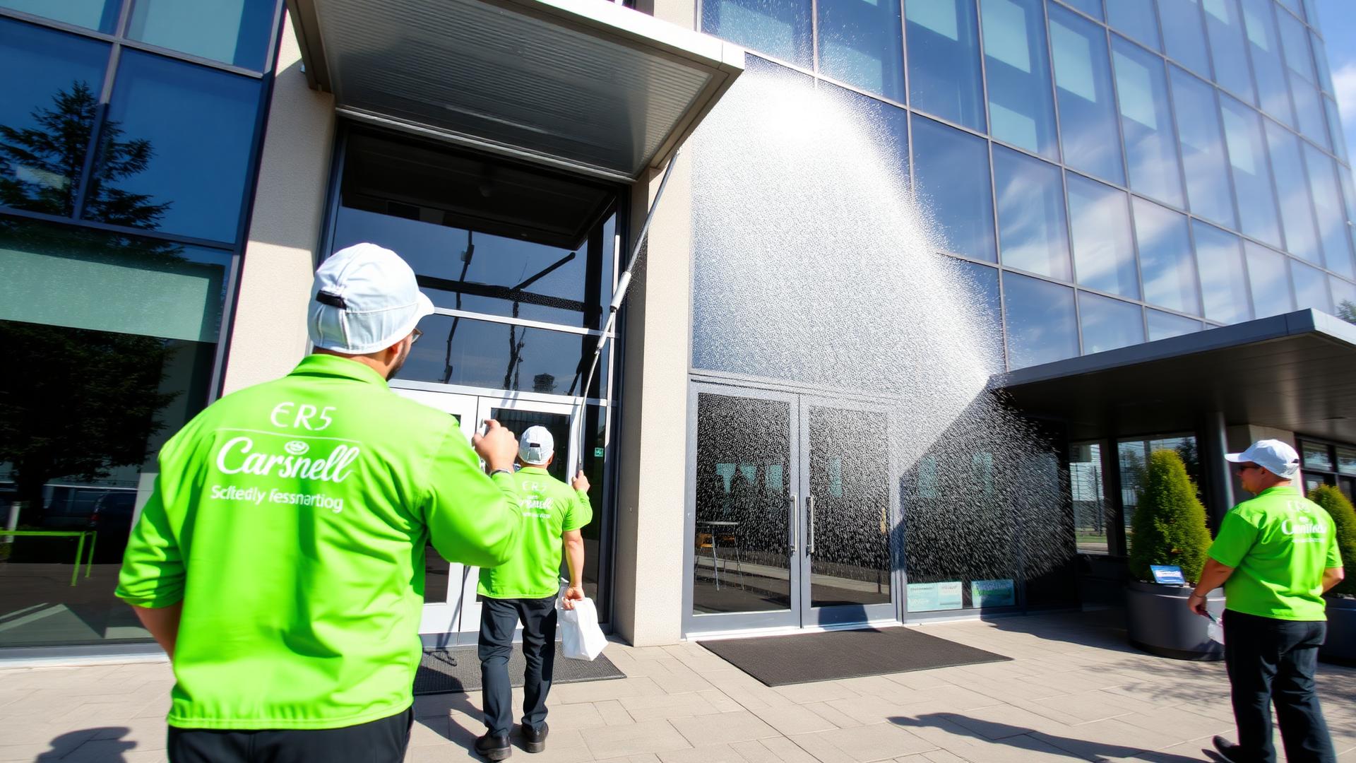 Saubernox Gebäudedienstleistungen im Einsatz an einem modernen Bürogebäude