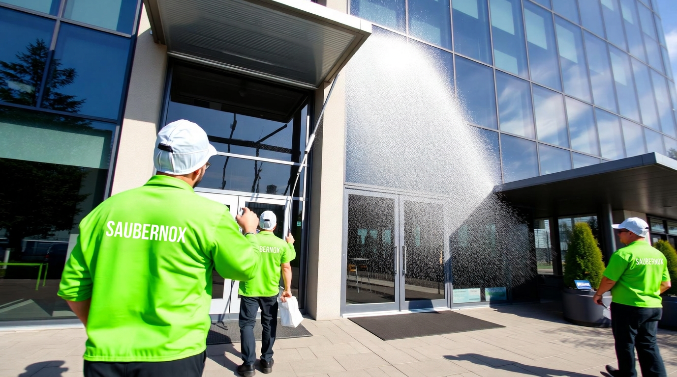 Saubernox Gebäudedienstleistungen im Einsatz an einem modernen Bürogebäude
